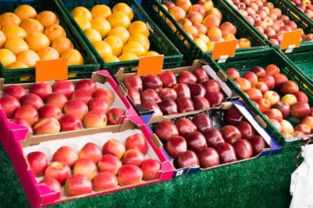 Fresh Fruits In Box Displayed At Marketの写真素材