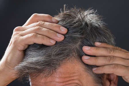 Close-up of man examining his white hairの写真素材
