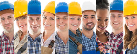 Set Of Happy Male And Female Construction Workersの写真素材