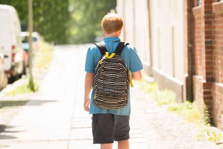 Rear View Of A Schoolboy With Backpack Walking On Sidewalk