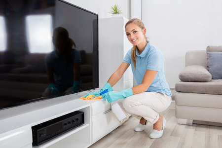Young Happy Woman Cleaning The Furniture Of Living Room At Homeの写真素材