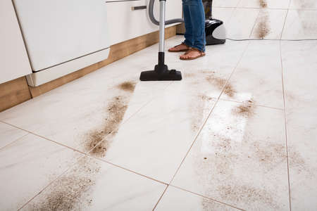 Close-up Of Person Vacuuming The Dust Of The Floor At Homeの写真素材