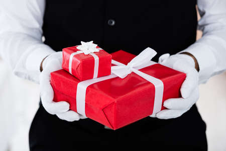 Close-up Of Waiter Wearing White Gloves And Holding Christmas Giftの写真素材