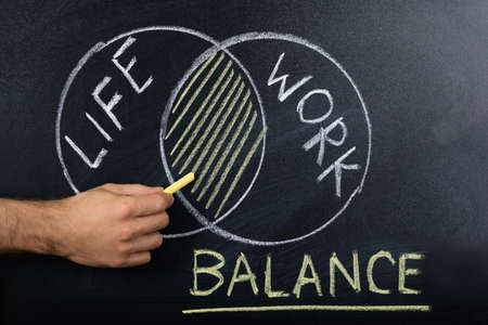 Close-up Of Person Hand Showing Work-life Balance Concept On Blackboardの写真素材