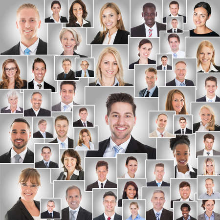Collage Of Smiling Diverse Business Men And Women On Gray Backgroundの写真素材