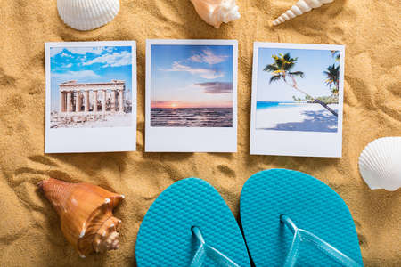 Summer Vacation Accessories On Tropical Sandy Ocean Beachの写真素材