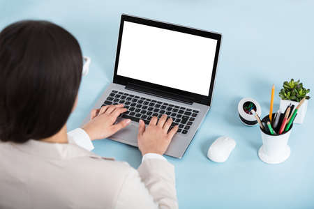Rear View Of A Businesswoman Using Laptop On Blue Desk In Office