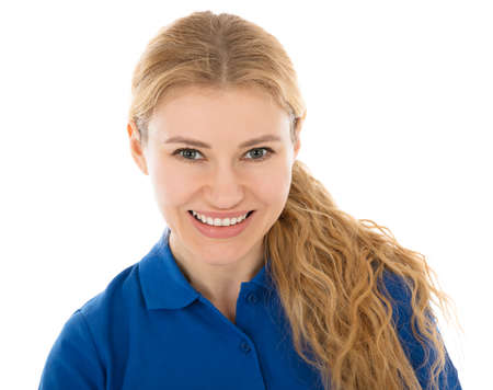 Portrait Of A Confident Female Janitor Against White Backgroundの写真素材