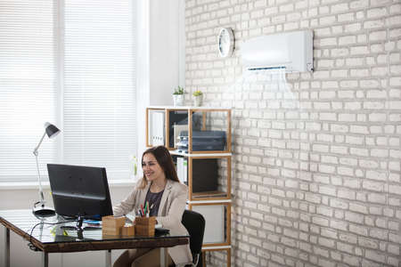 Happy Young Businesswoman Working In Office With Air Conditioning