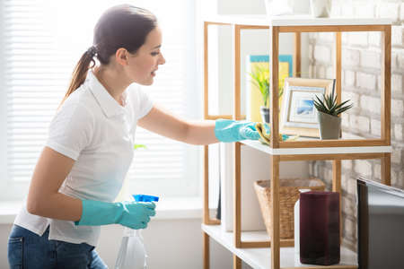 Young Woman Cleaning The Wooden Shelf In Living Roomの写真素材