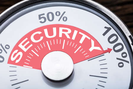 Closeup of security text with numbers and percentage signs on meter gaugeの写真素材
