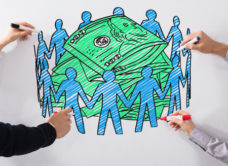 Close-up Of Business People's Hand Drawing Crowd Funding Chart With Marker On Whiteboardのeditorial素材