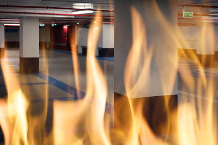 Photo of fire blazing in underground parking lotの写真素材