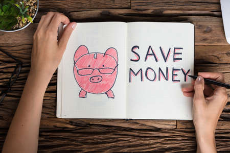 Elevated View Of A Businessperson Drawing Save Money Concept On Notebook