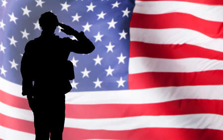 Silhouette Of A Solider Saluting Against The American Flagの写真素材