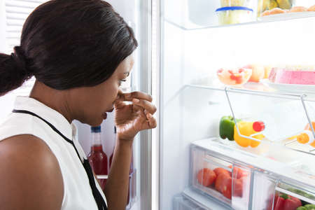 Close-up Of An African Young Woman Holding Her Nose Near Foul Food In Refrigeratorの写真素材