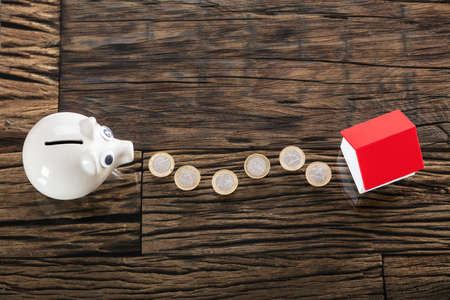 Euro Coins Between The Piggybank And House Model On Wooden Desk