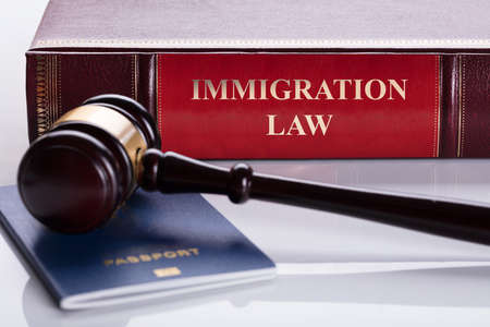 Close-up Of Gavel And Passport In Front Of Law Book