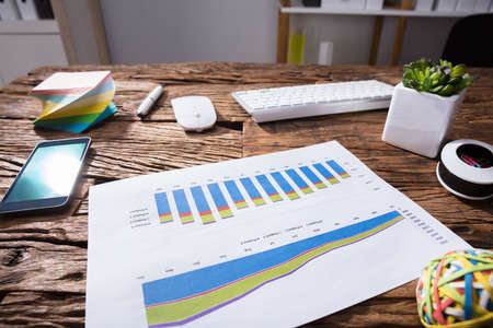 Close-up Of Financial Graph And Mobile Phone On Wooden Desk