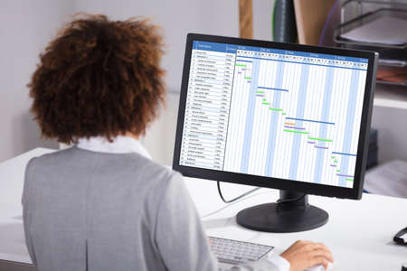 Rear View Of A Businesswoman Working On Gantt Chart On Computer In Officeの写真素材