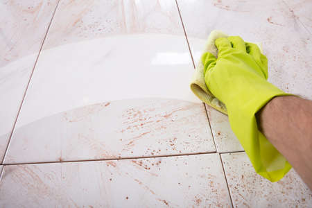 Close-up Of Hands In Rubber Gloves Scrubbing Kitchen Tilesの写真素材