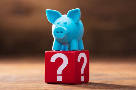 Close-up Of Blue Piggybank On Red Block With Question Marks Over The Wooden Desk