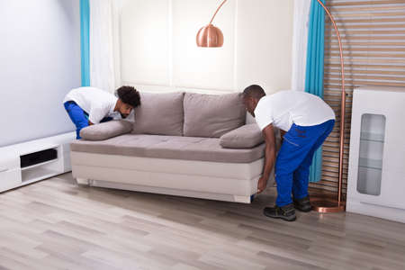 Two Young Male Movers In The White Uniform Placing The Sofa In The Living Roomの写真素材