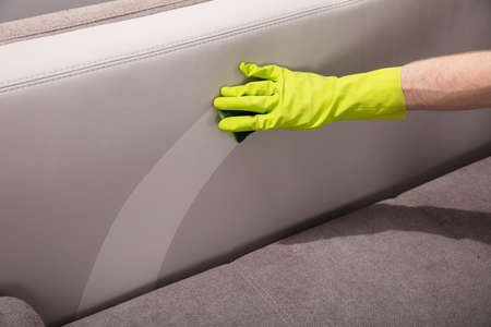 Close-up Of A Person's Hand Wearing Gloves Cleaning Sofa With Sponge