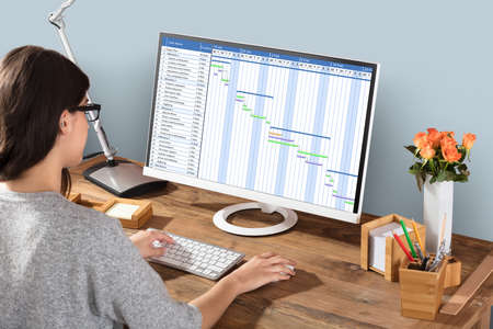 Young Woman Working On Gantt Chart Using Computer At Workplaceの写真素材