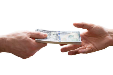 Human Hand Giving Bribe To Other Person On White Backgroundの写真素材