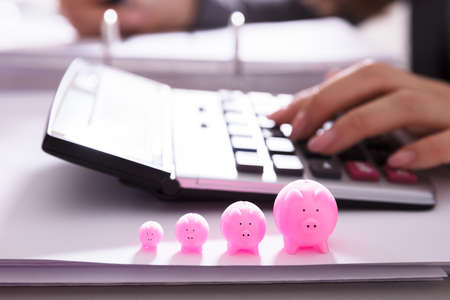Close-up Of Increasing Pink Piggybank In Front Of Businessperson Using Calculatorの写真素材