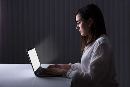 Young Woman Working On Laptop At Nightの写真素材