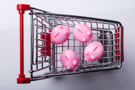Elevated View Of Shopping Cart With Pink Piggy Banksの写真素材
