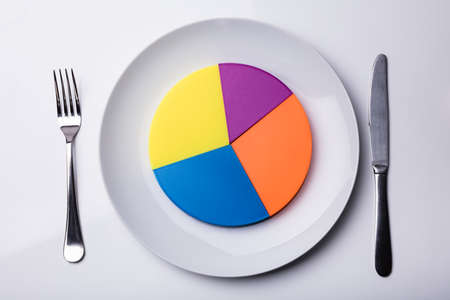 Elevated View Of Pie Chart On White Plate With Fork And Butter Knifeの写真素材