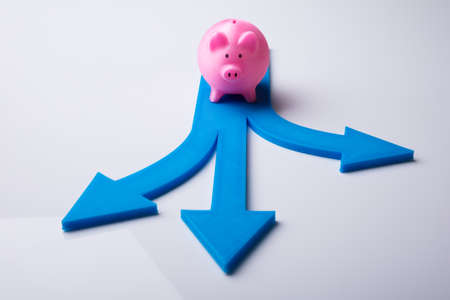 Elevated View Of Pink Piggybank And Blue Arrow Signs Showing Various Directionの写真素材