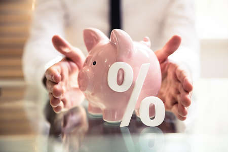 Person's Hands Protecting Piggybank With Percentage Symbol On Deskの写真素材