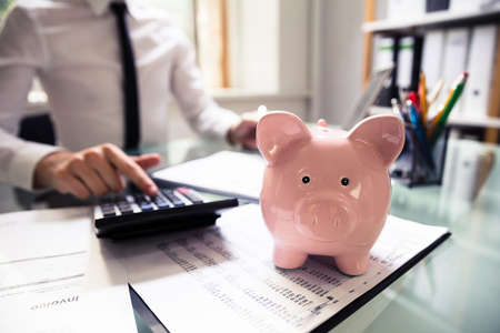 Close-up Of A Piggybank In Front Of Businessperson's Hand Using Calculator At Workplaceの写真素材