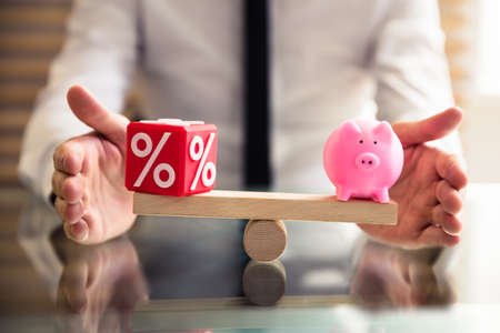 Human Hand Protecting Balance Between Red Percentage Cubic Block And Piggybank On Wooden Seesaw