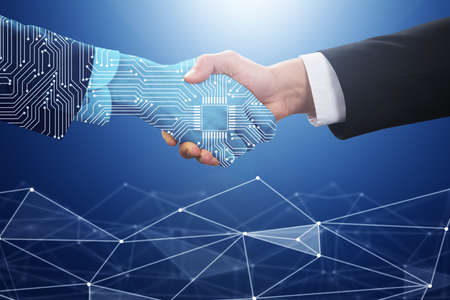 Businessperson Shaking Hand With Digital Partner Over Futuristic Background