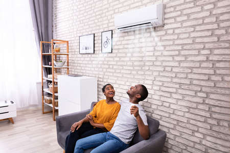 Young African Couple Sitting On Sofa Operating Air Conditioner At Home