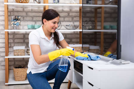 Smiling Young Woman Cleaning Furniture With Napkinの写真素材
