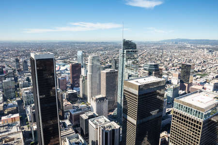 Tall Buildings At Downtown Los Angeles Against Blue Skyの写真素材