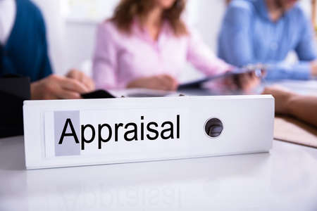Businesspeople Working In Front Of Appraisal Document Folder Over Reflective Deskの写真素材