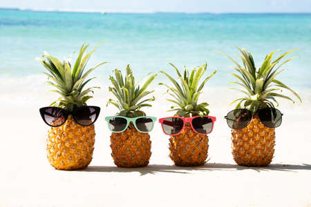 Family  Of Pineapples With Different Color Sunglasses Near Sea On Beachの写真素材