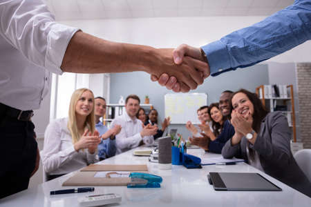 Two Male Professionals Shaking Hands With Team Sitting By Clapping Hands After A Successful Meeting
