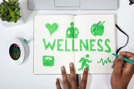 High Angle View Of A Human Hand Drawing Wellness Concept On Notebook