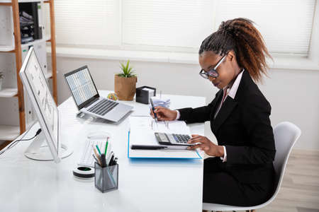 Happy Young Businesswoman Calculating Invoice On Computer Screen Near Laptopの写真素材