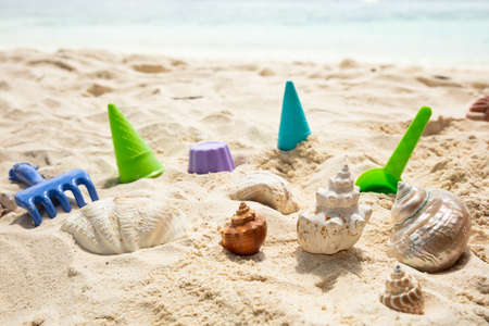 Plastic Toys And Seashells On Sand At Beach