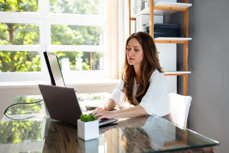 Smiling Young Businesswoman Working At Workplace In Front Of Computerの写真素材