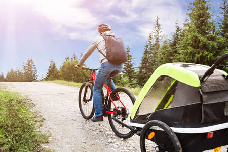 Father With Child In Trailer Riding Mountain Bike In Alps